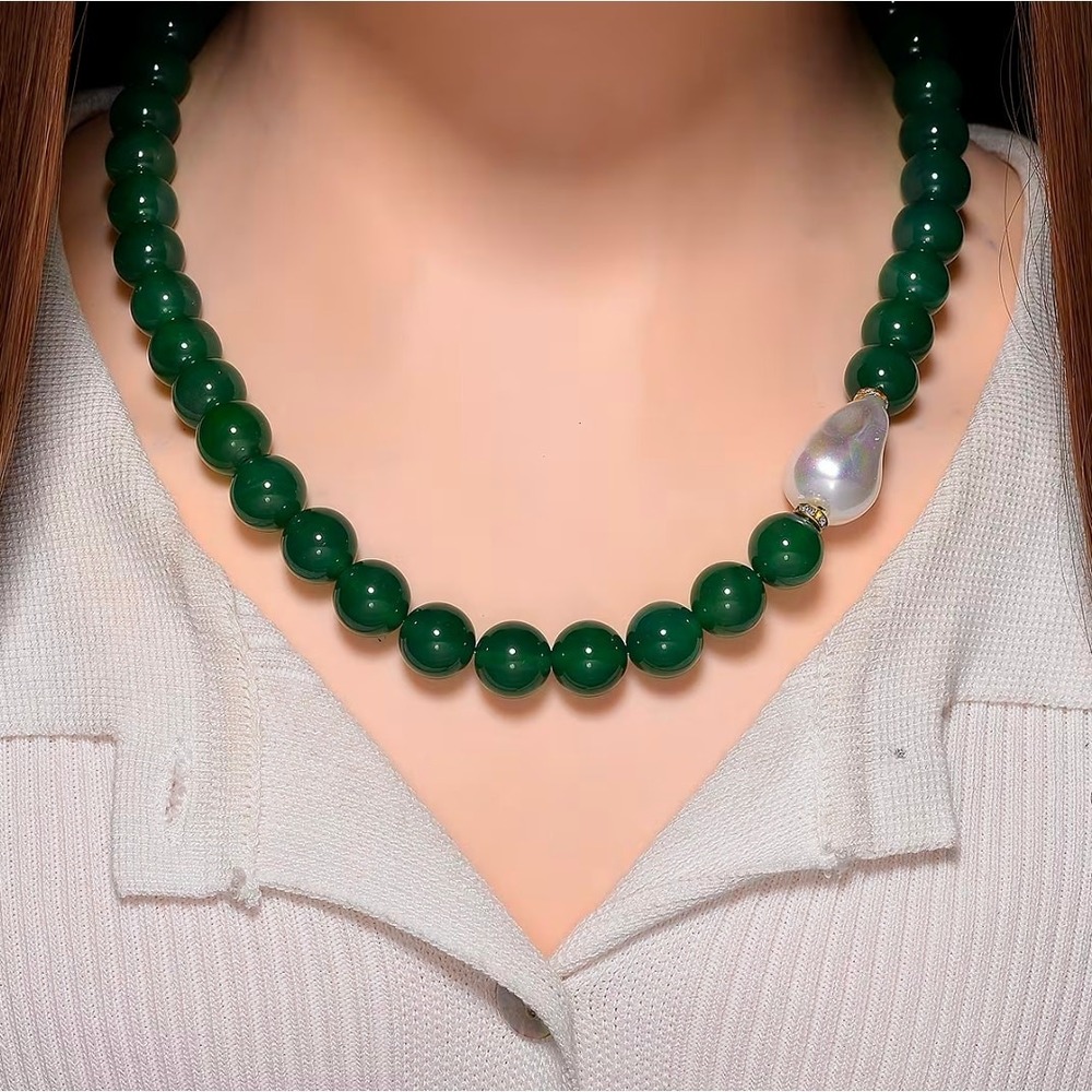 EverTrue Green Onyx Baroque Pearl Necklace Gold Tone Stainless Steel 20"